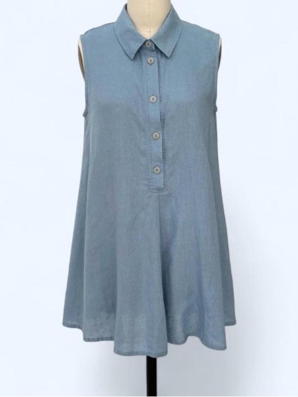 Flax I Am Happy Tunic Dress Light Blue Linen Sleeveless 3/4 Button Front S